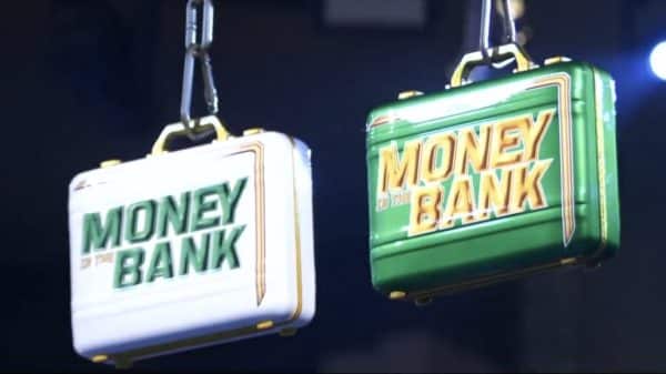 Both Money in the Bank briefcases hanging high above the ring
