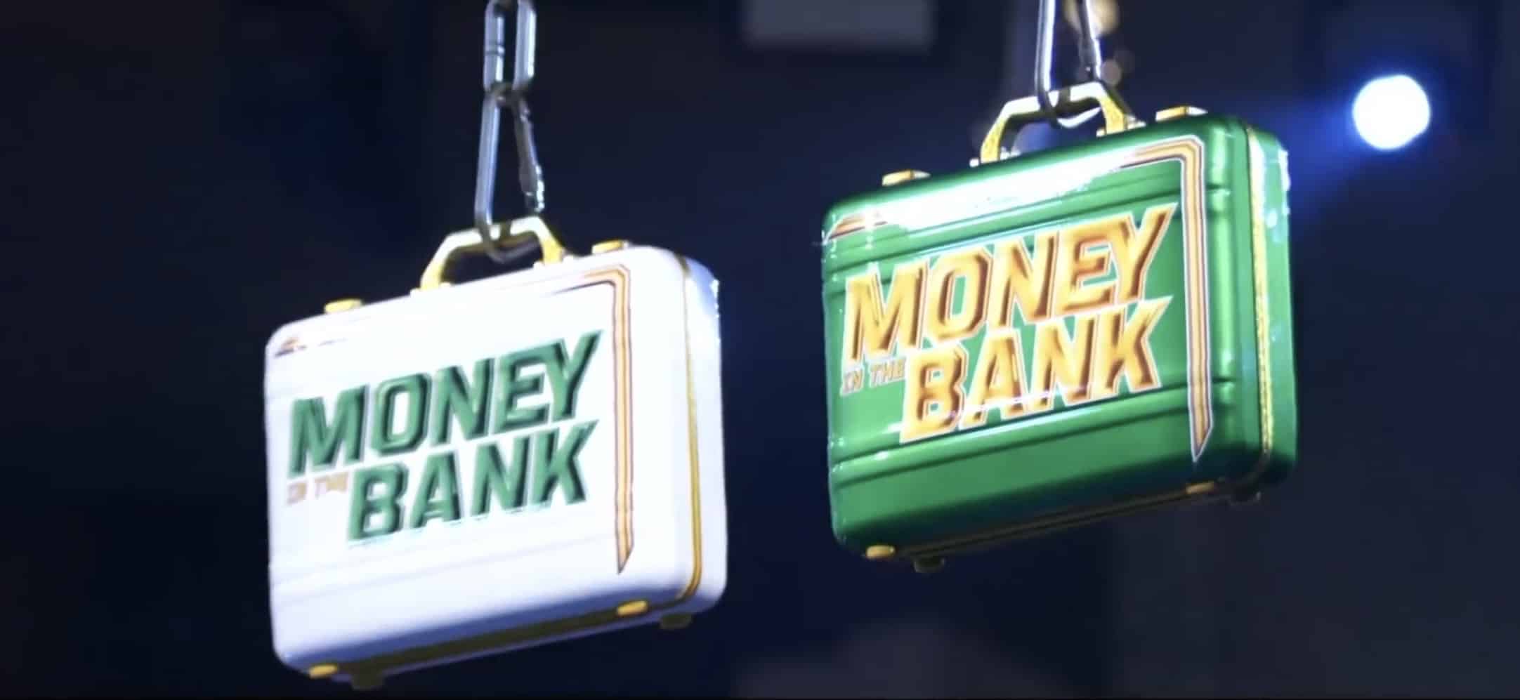 Both Money in the Bank briefcases hanging high above the ring