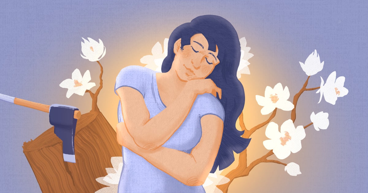 Illustration of a woman wrapping her arms around herself