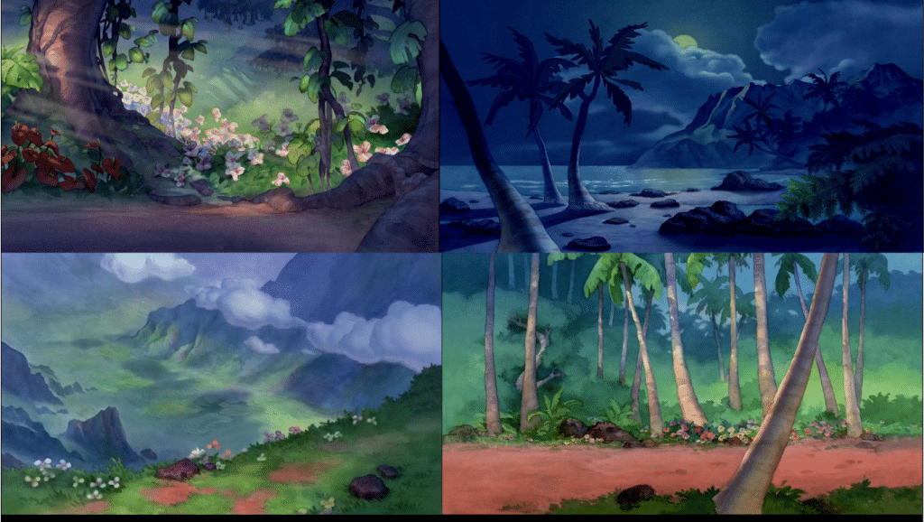 Four images of water color depictions of Hawaiian scenery, including the jungle, beach, mountains, and roads