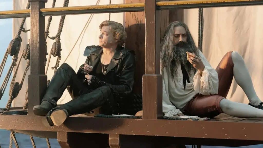 Our Flag Means Death, Season 2, Episode 5, "The Curse of the Sea Fairing Life." Rhys Darby as Stede Bonnet and Taika Waititi as Blackbeard/Edward Teach.
