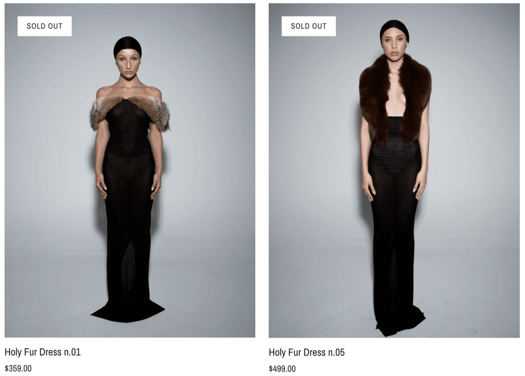Two different women model long black dresses embellished with fur.
