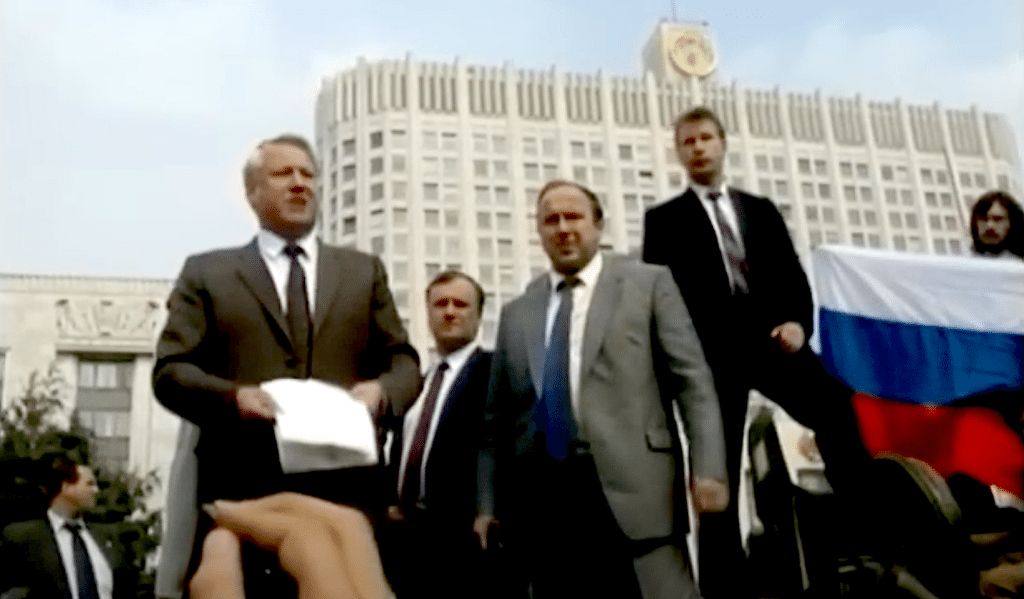 Future Russian President Boris Yeltsin delivers his famous "tank speech" during the August 1991 coup. (Image: Youtube/@SovietCoup)