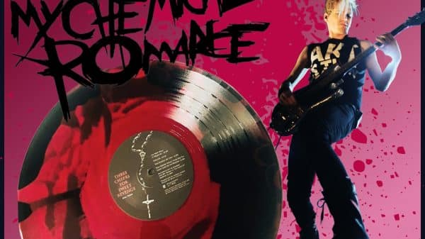 A collage including the logo for My Chemical Romance, a vinyl record of Three Cheers for Sweet Revenge Reissued, bassist Mikey Way, on a blood-spattered background.