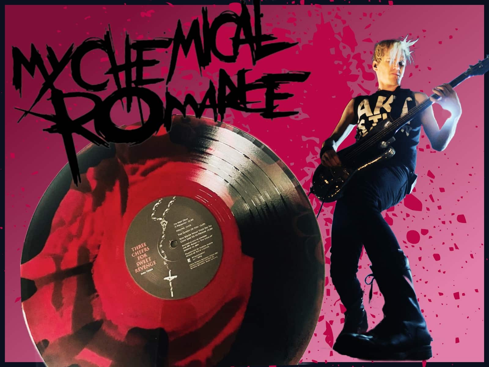 A collage including the logo for My Chemical Romance, a vinyl record of Three Cheers for Sweet Revenge Reissued, bassist Mikey Way, on a blood-spattered background.