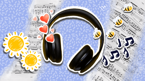 Headphones with bees, hearts, and music notes next to a sun. Meant to signify songs for summer