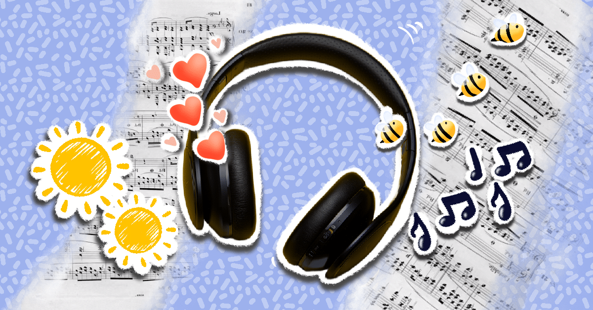 Headphones with bees, hearts, and music notes next to a sun. Meant to signify songs for summer