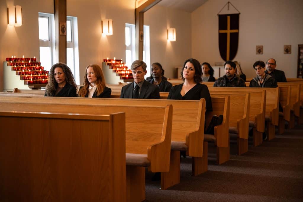 L-R: Tawny Cypress as Taissa, Lauren Ambrose as Van, Warren Kole as Jeff Sadecki and Melanie Lynskey as Shauna. (Photo Credit: Kailey Schwerman/Paramount+ with SHOWTIME)