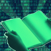 a book in front of binary code