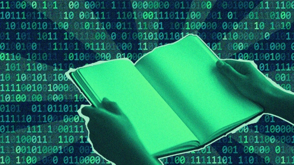 a book in front of binary code