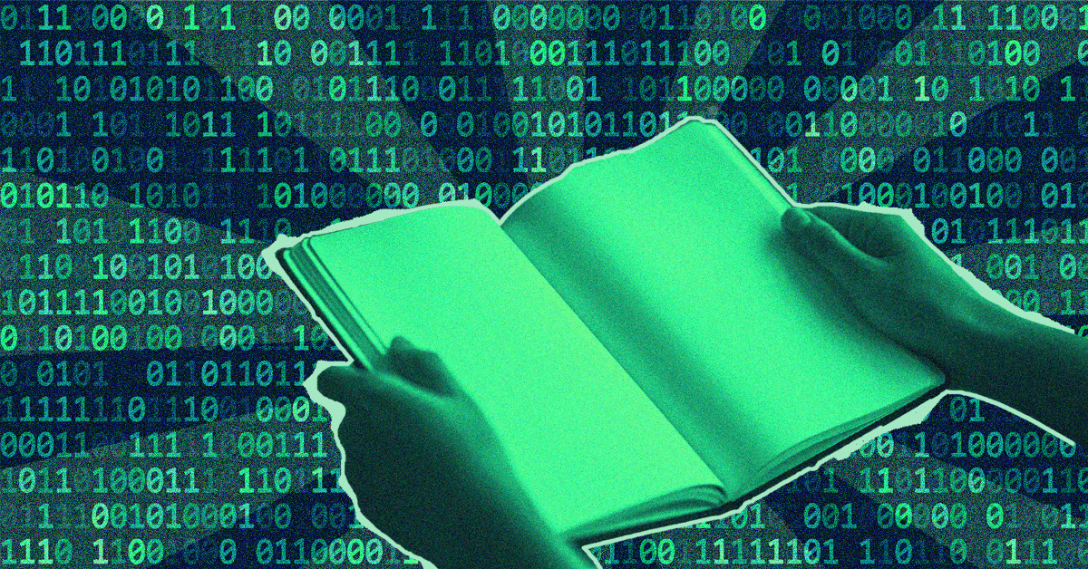 a book in front of binary code