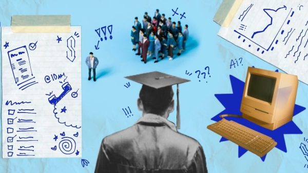 This is a collection of several images and doodle-like clip art on a light blue background that's meant to appear dirty in the lower left corner. The image closest to the left is a taped, illegible checklist including doodles of the 'Superman S,' an old-fashioned home phone, and what appears to be some sort of letter. The image to its right is a group of people clustered together. The image below the cluster is a black-and-white half-body shot of a young student wearing a graduation cap and gown. Their back is turned away from the camera. Next to the student is a white, circa 1980s desktop computer with a blue starburst behind it for accent purposes. Finally, above the computer is an illegible doodle of a line graph. Small doodles accent the entire image.