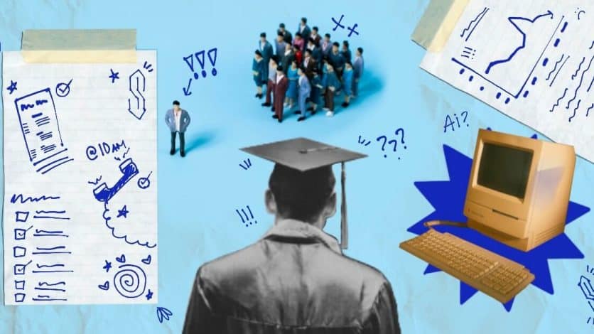 This is a collection of several images and doodle-like clip art on a light blue background that's meant to appear dirty in the lower left corner. The image closest to the left is a taped, illegible checklist including doodles of the 'Superman S,' an old-fashioned home phone, and what appears to be some sort of letter. The image to its right is a group of people clustered together. The image below the cluster is a black-and-white half-body shot of a young student wearing a graduation cap and gown. Their back is turned away from the camera. Next to the student is a white, circa 1980s desktop computer with a blue starburst behind it for accent purposes. Finally, above the computer is an illegible doodle of a line graph. Small doodles accent the entire image.