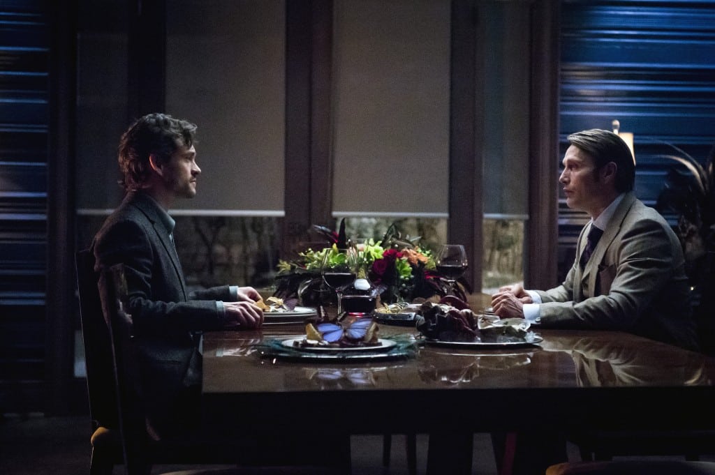 Hannibal, Season 2, Episode 13, "Mizumono." Hugh Grant as Will Graham and Mads Mikkelsen as Dr. Hannibal Lecter. NBC.