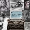 Many black and white photos of women in history with the words "herstory" in the middle.