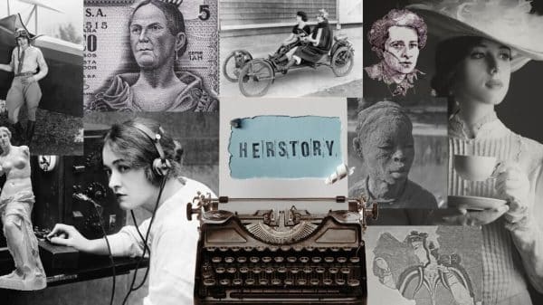 Many black and white photos of women in history with the words "herstory" in the middle.