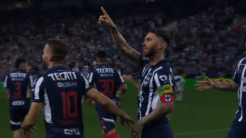 Sergio Ramos points in celebration of a goal for CF Monterrey.