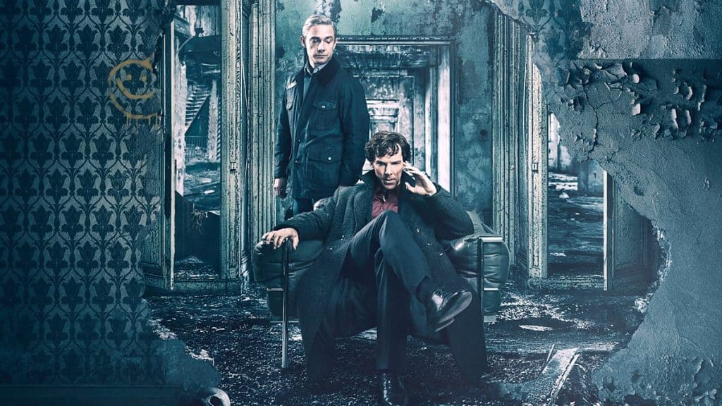 Sherlock, Benedict Cumberbatch as Sherlock Holmes sitting in chair and Marin Freeman as John Watson. BBC.