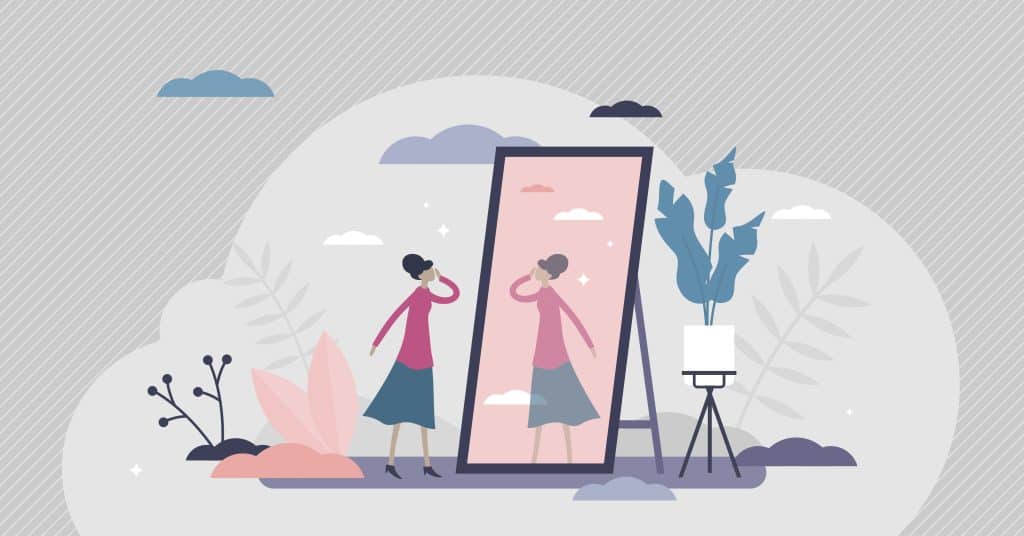 Graphic of a woman looking back at herself in a full-body mirror