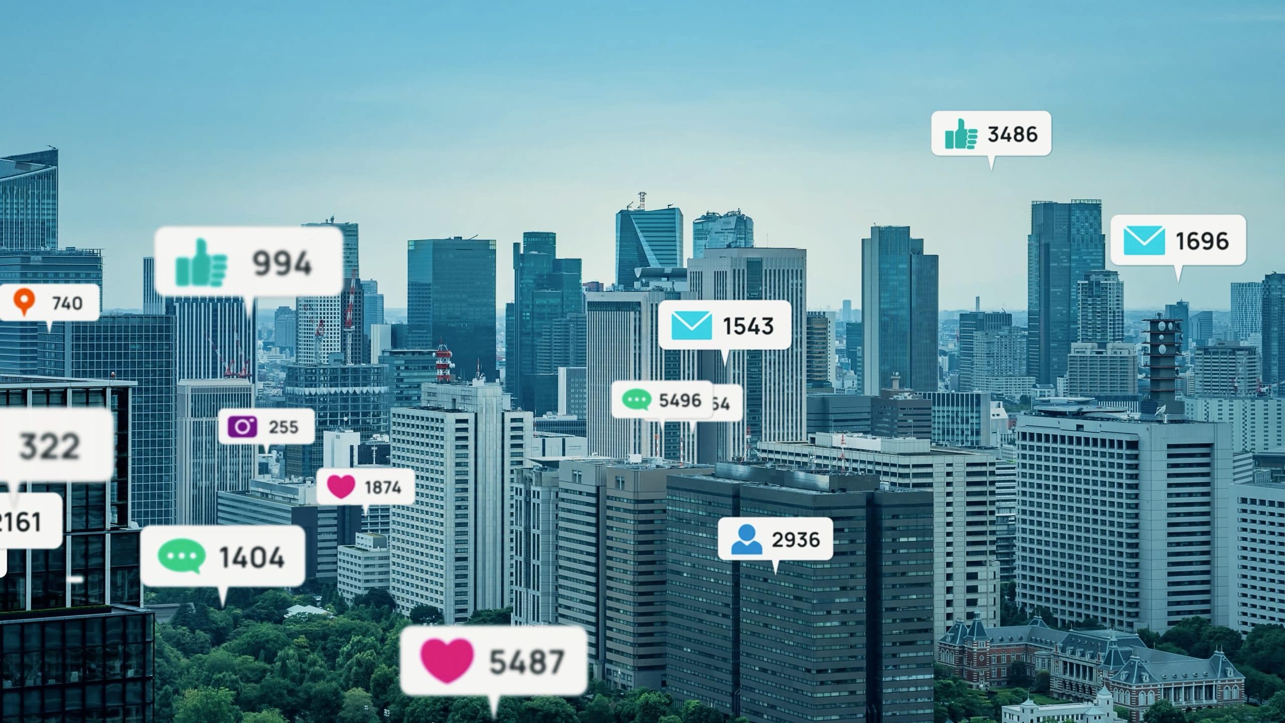 Hearts, likes, and comment bubbles float over a city skyline.