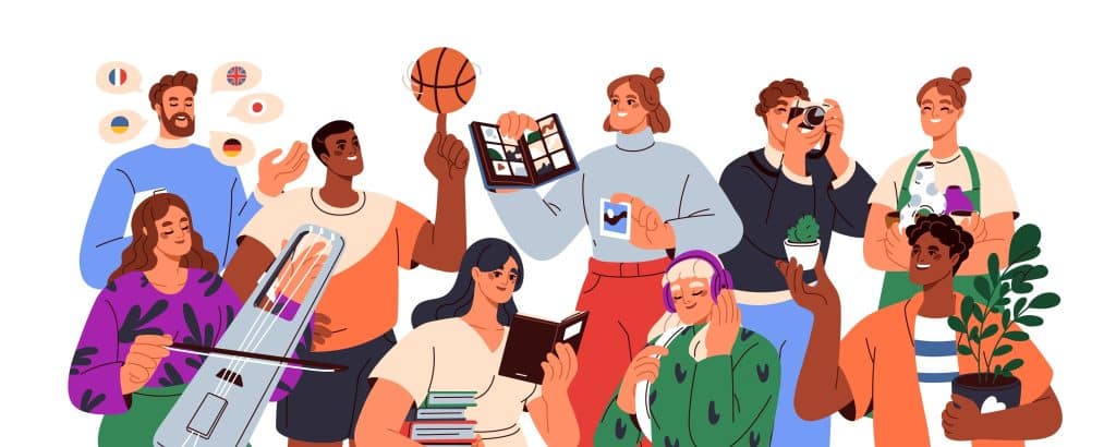 A group of people participating in a set of hobbies of: speaking different languages, sports, music photography, gardening, reading, pottery.