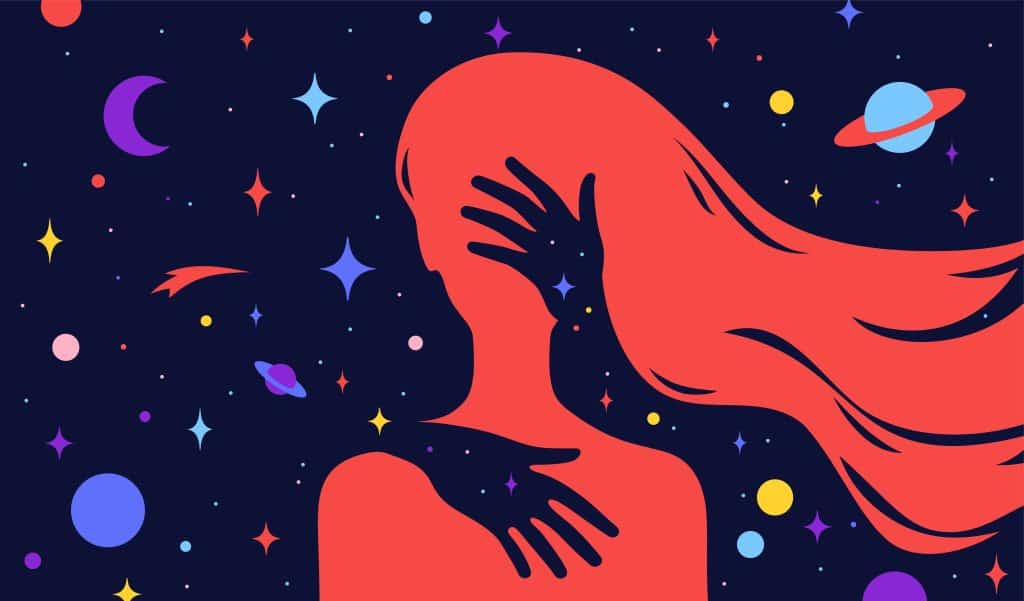 Graphic of the silhouette of a woman's head with hands wrapped around her