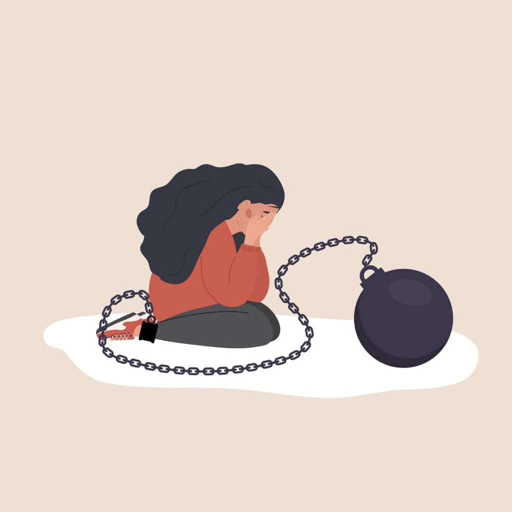 Graphic of woman sitting with her head in her hands and an anchor around her ankle