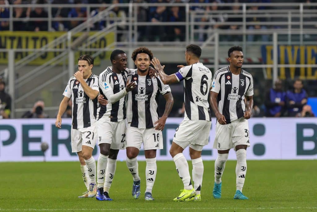 Juventus celebrate a goal scored by Timothy Weah.