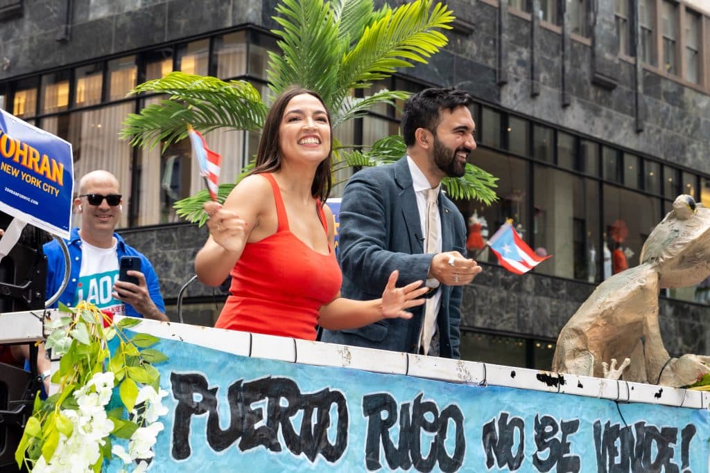 Zohran Mamdani with Congresswoman Alexandria Ocasio-Cortez at the Puerto Rican Day Parade in New York City