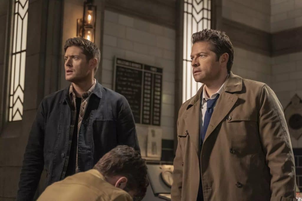 Supernatural, Season 15, Episode 18, Jensen Ackles as Dean Winchester, Misha Collins as Castiel "Cass" and Alexander Calvert as Jack.
