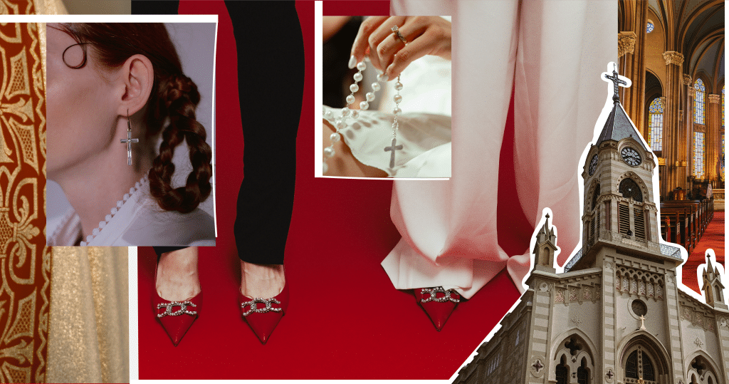 Collage featuring crosses as jewelery and a large catholic cathedral.