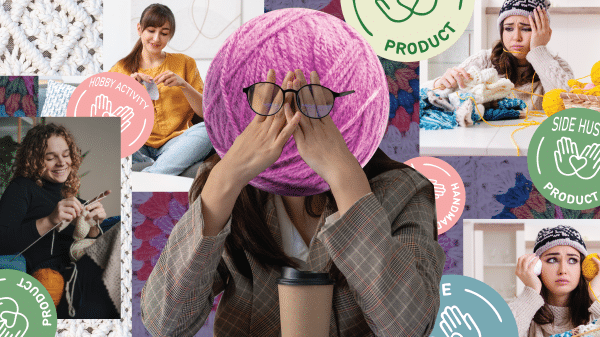 Someone with a yarn ball head contempleting between crocheting as just a hobby. With her expressions being more joyful as she works. And the other side shows the struggles of a side hustle with the women looking notabley stressed out.