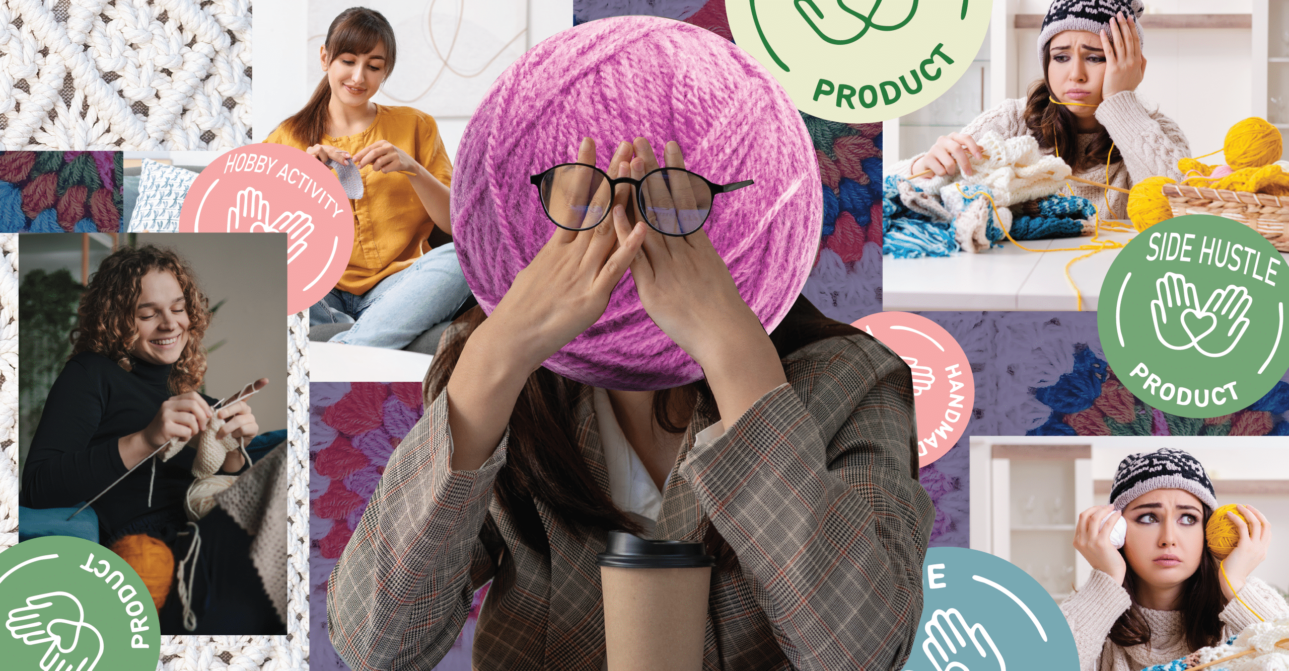 Someone with a yarn ball head contempleting between crocheting as just a hobby. With her expressions being more joyful as she works. And the other side shows the struggles of a side hustle with the women looking notabley stressed out.