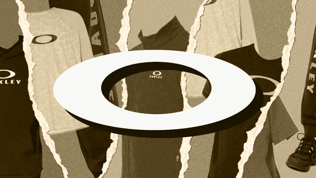 A big Oakley logo with a background of Oakley t-shirts and Oakley long sleeves.