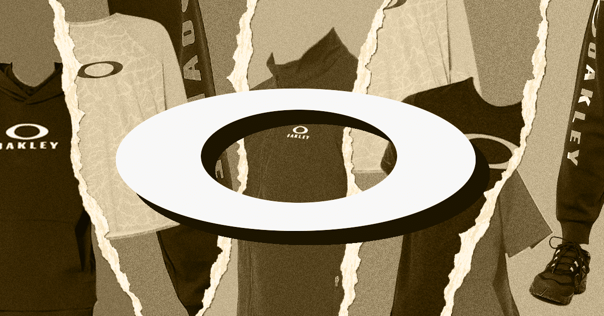 A big Oakley logo with a background of Oakley t-shirts and Oakley long sleeves.