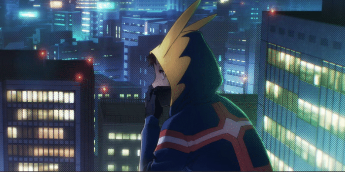 Koichi side-eyes the viewers while squatting atop a skyscraper.