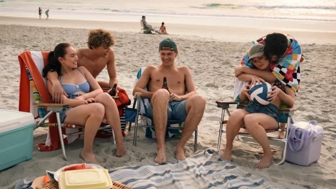 Belly (Lola Tung), Jeremiah (Gavin Casalegno), Conrad (Christopher Briney), Steven (Sean Kaufman), and Taylor (Rain Spencer) in 'The Summer I Turned Pretty.'.