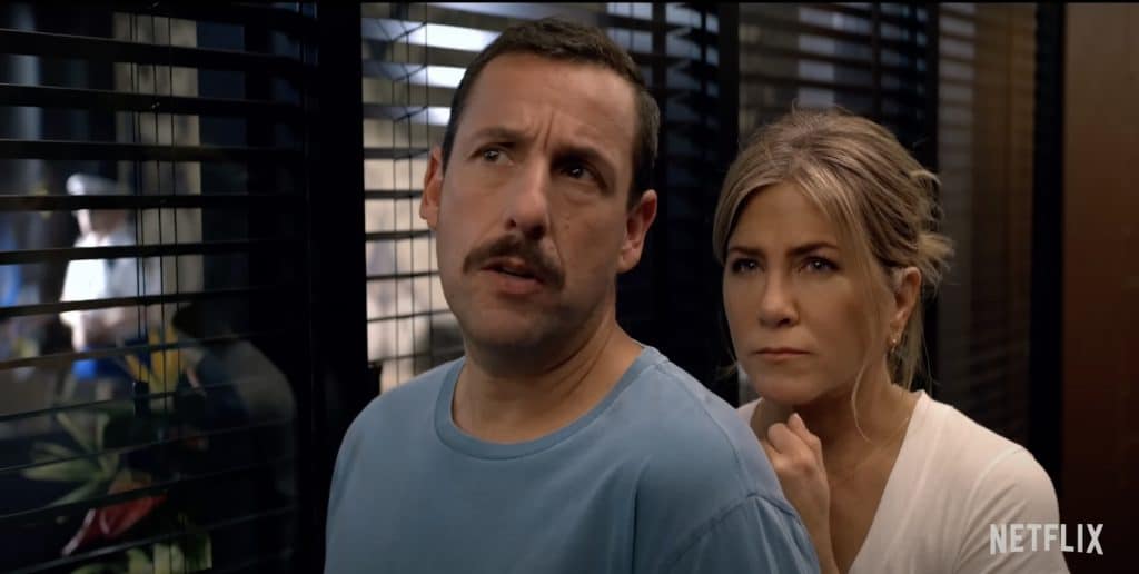 Adam Sandler and Jennifer Anniston in "Murder Mystery". Credit: Netflix