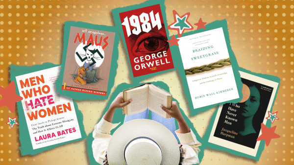 The featured image depicts a reader sitting with 5 books around them.
