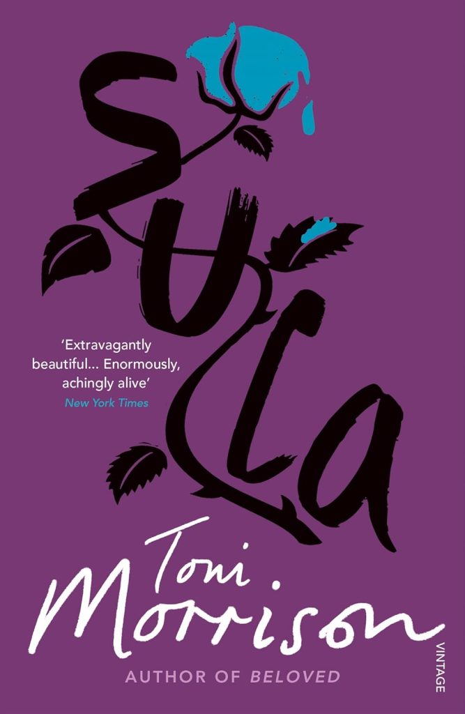 Cover of Sula, with a purple background and sprawling black text
