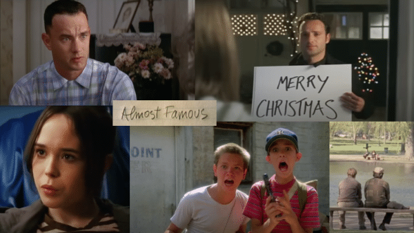 A collage of shots from old movies including Forrest Gump, Love Actually, Good Will Hunting, Almost Famous, Stand by Me, and Juno.
