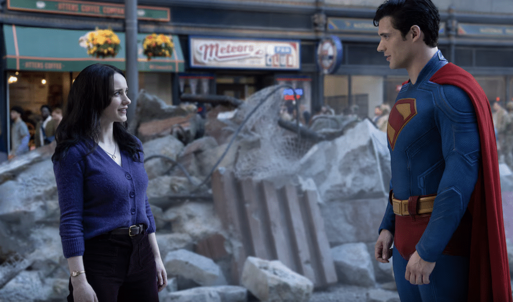 Still from 'Superman' (2025) featuring the Man of Steel alongside Lois Lane before the Metropolis rubble.