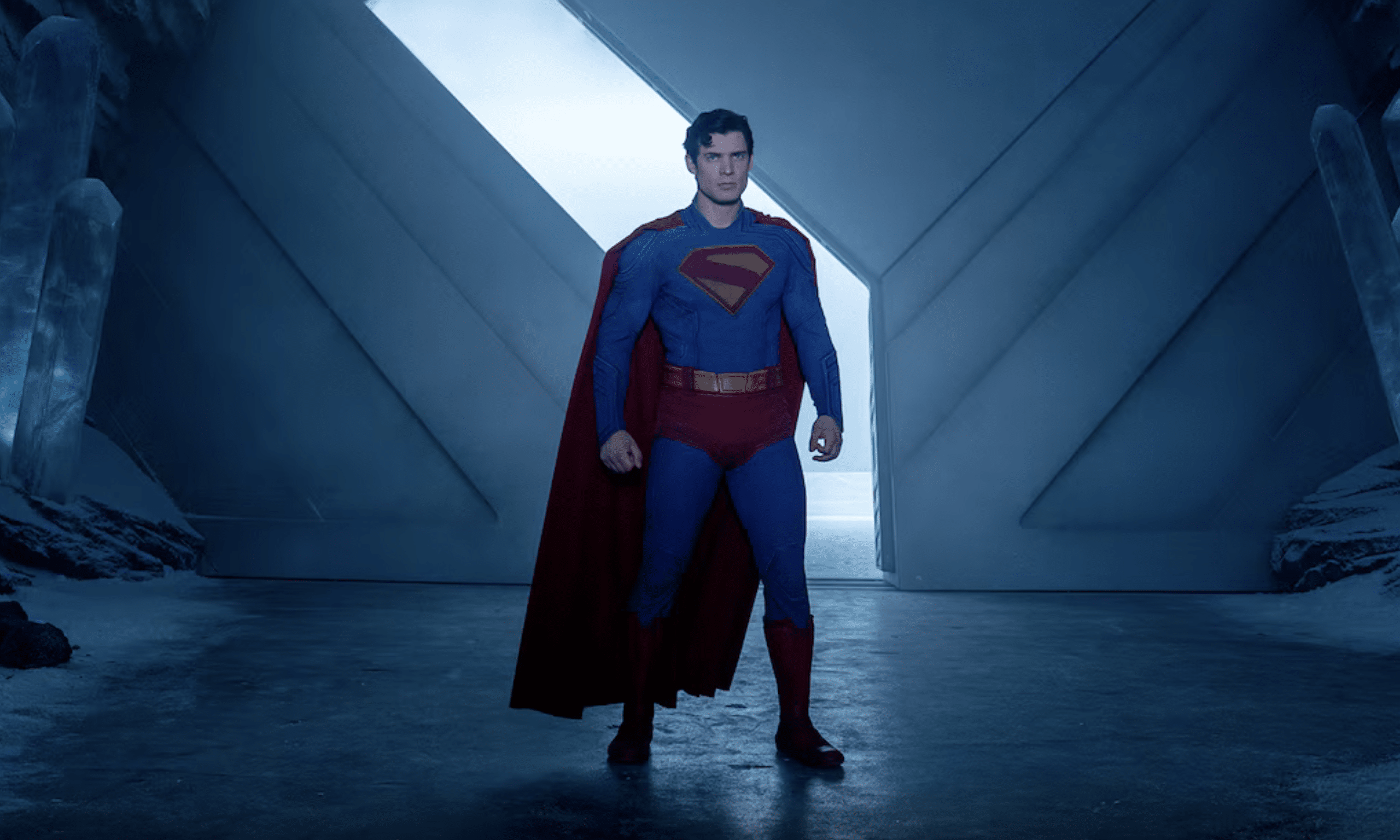 Still from 'Superman' (2025) featuring the Man of Steel against the backdrop of his 'Fortress of Solitude'.