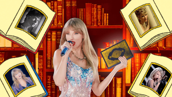 Taylor Swift surrounded by books