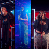 Five people singing into microphones with a split screen