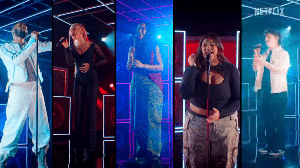 Five people singing into microphones with a split screen