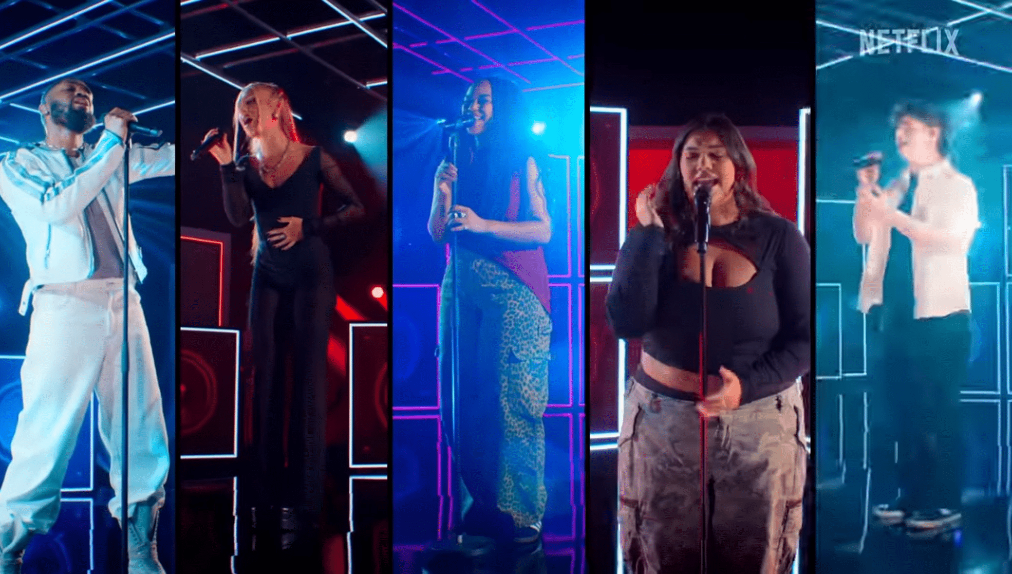 Five people singing into microphones with a split screen
