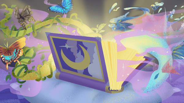 A book with magical creatures and light coming out of it.
