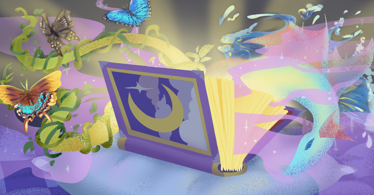 A book with magical creatures and light coming out of it.