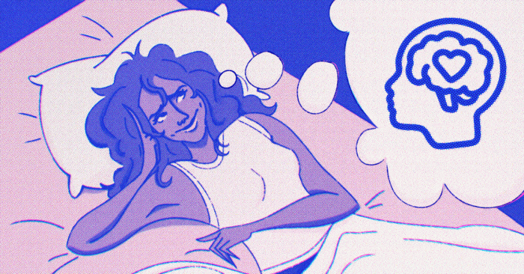 A person laying down with a thought bubble with a symbol inside coming from their head.